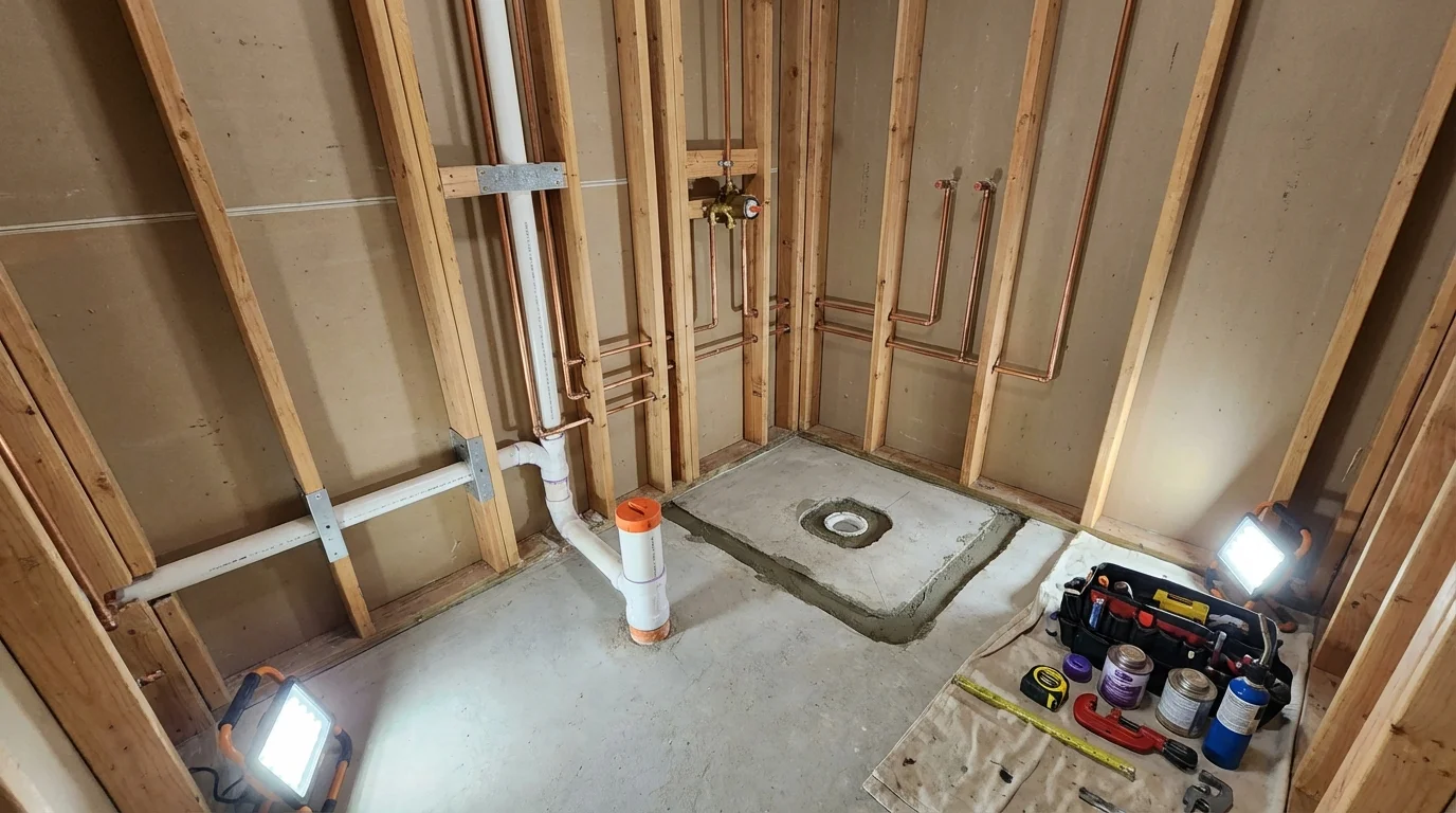 Bathroom rough-in plumbing during remodel by Johns Plumbing LLC in Saint Anne