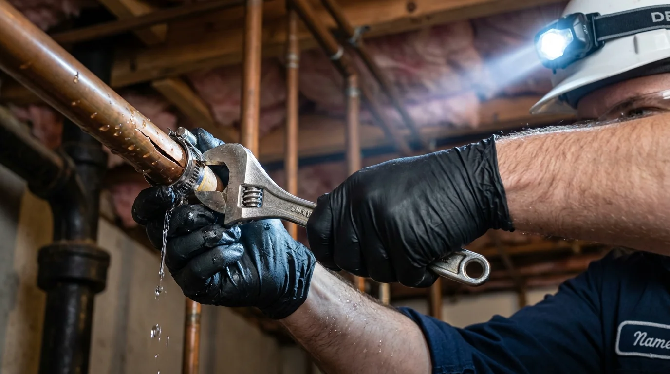 Emergency pipe clamp repair being performed by a Johns Plumbing LLC plumber in Saint Anne