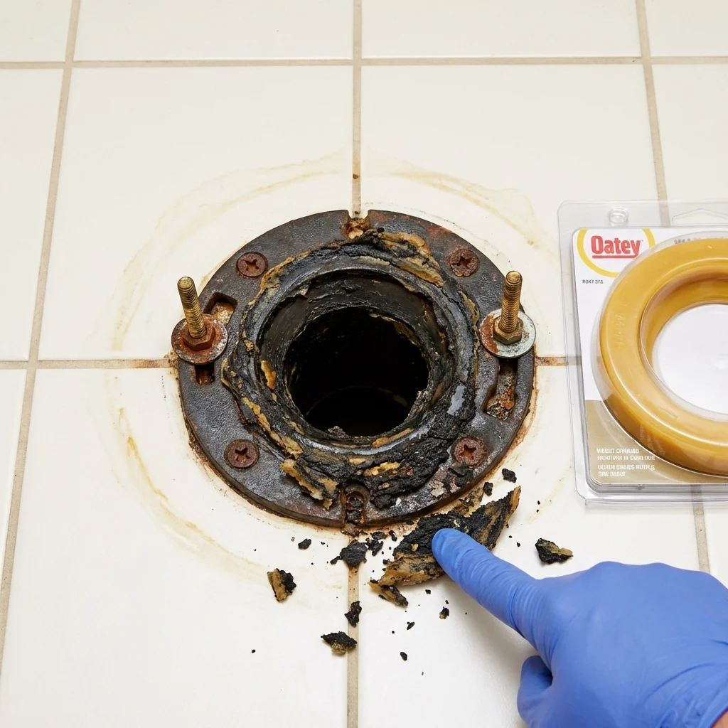 Failed wax ring showing water seepage at the base of a toilet in a Saint Anne, IL home