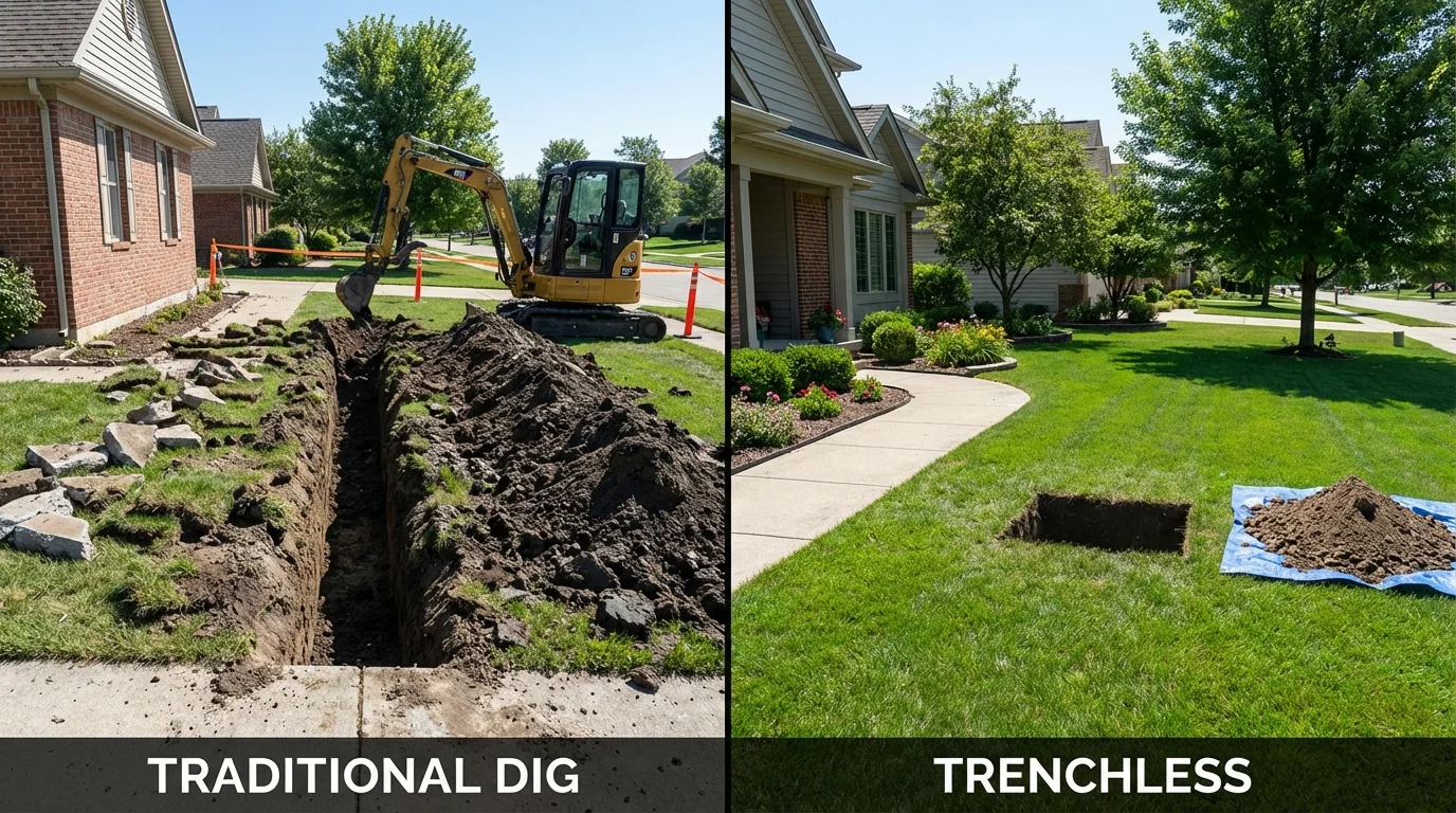 Trenchless sewer repair with minimal yard damage versus traditional excavation in Saint Anne, IL